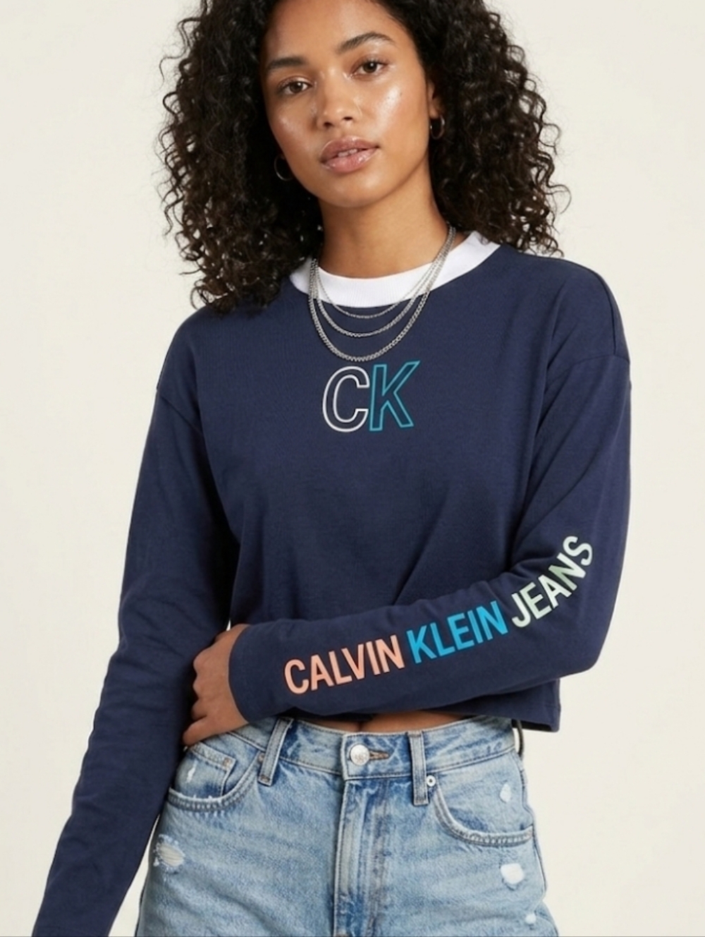 Calvin Klein Jeans Logo Crop Top Blue Women's S Y2K Athleisure Cotton
